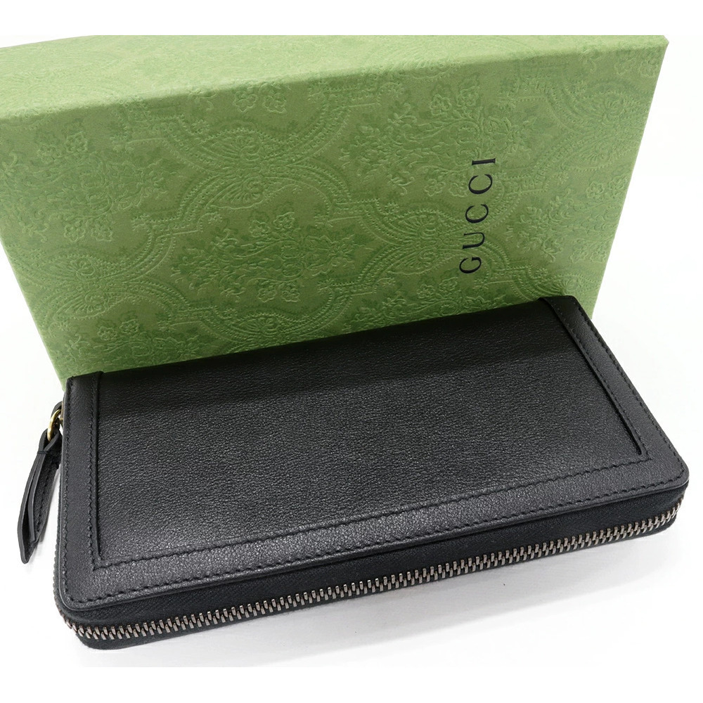 Gucci Round Zip Long Wallet GG Marmont Double GG Diana Bamboo Around Calf Black - Picture 2 of 5